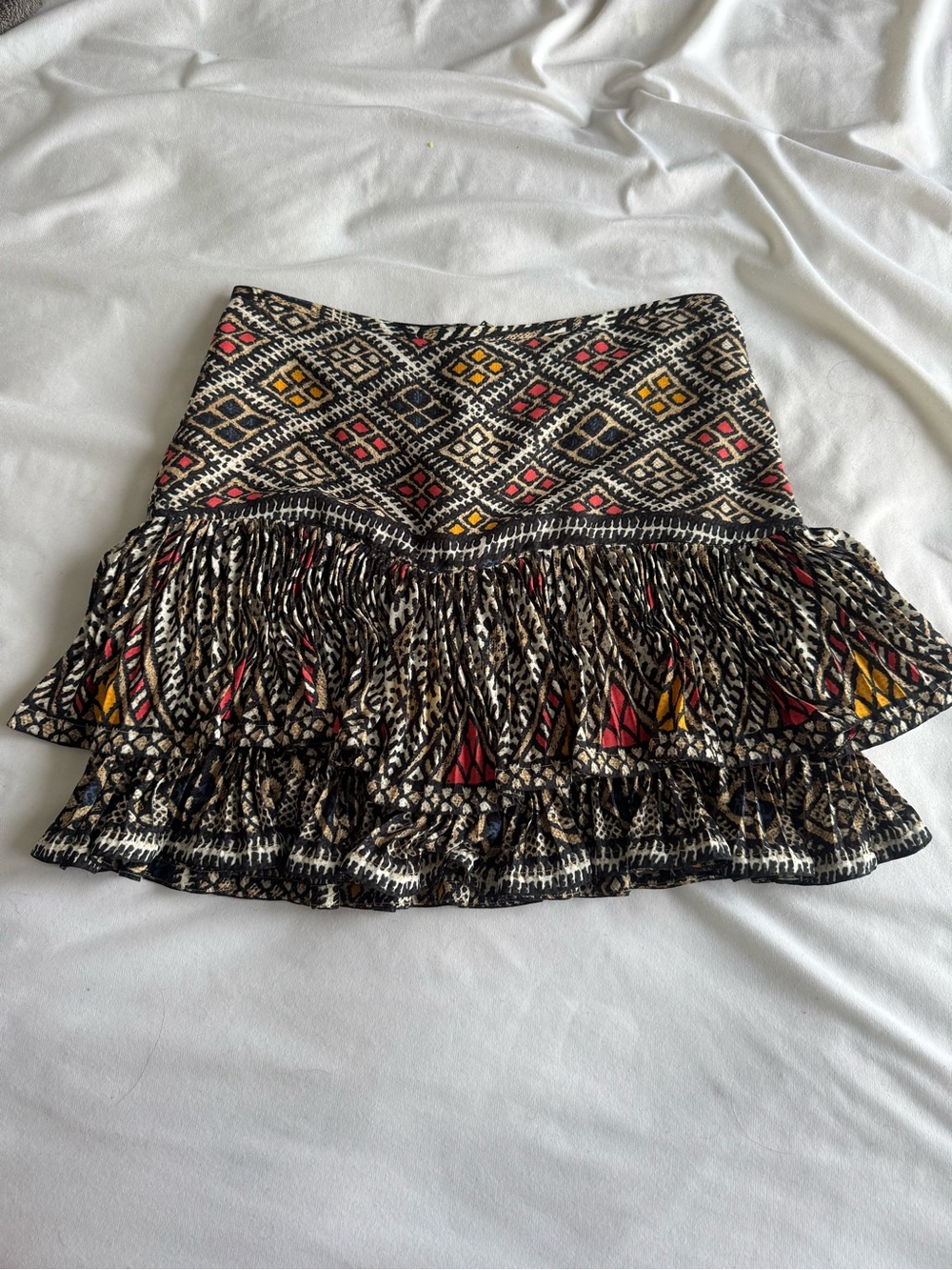 BCBG Ruffle Mini Skirt in Black & Cream with Coral and Yellow Accents